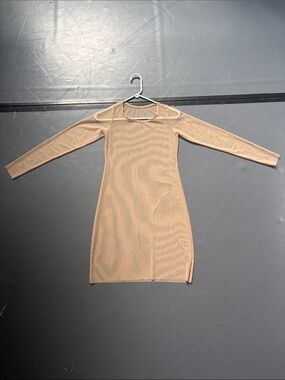 Beige Long Sleeve Mesh stretchy dress